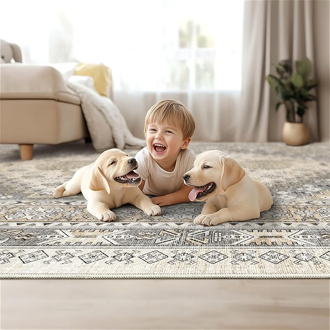 Area Rugs 5x7, Ultra-Thin Washable Rugs for Living Room, Anti-Slip Backing Area Rug for Bedroom, Soft Floral Vintage Home Decor Rug for Dining Room(Beige,5'x7')