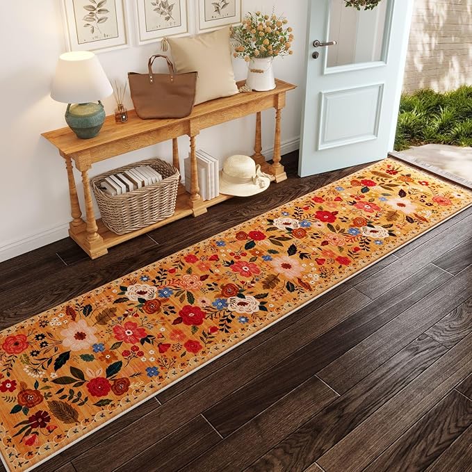 Rugcomf Runners for Hallways Kitchen Runner Rug Non Slip 2'x10' Long Washable Rugs with Rubber Backing Soft Floral Carpet Runner for Hallways, Kitchen, Laundry, Bedroom, Bathroom(Yellow)