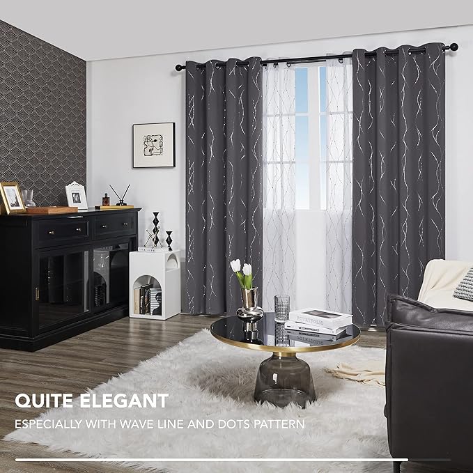 Deconovo Grey Blackout Curtains for Bedroom, Thermal Insulated Soundproof Drapes, Wave Dots Foil Print, 52 x 84 Inches Long, 2 Panels, Machine‑Washable Privacy Window Panel for Living Room Patio Door