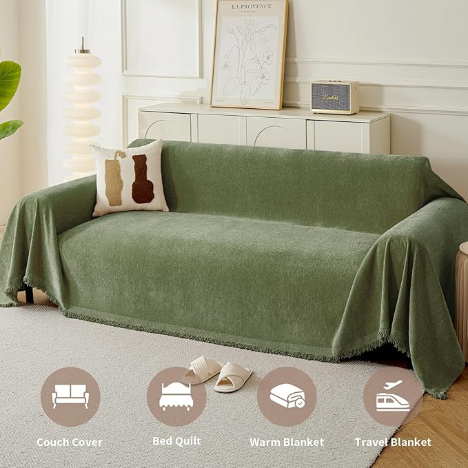 Couch Cover for Dogs, Boho Sofa Covers for 3 Cushion Couch, Chenille Sofa Slipcover for Pets Washable, L-Shape Sectional Couch Cover Soft Throw Blankets with Tassels(91x118,Green)