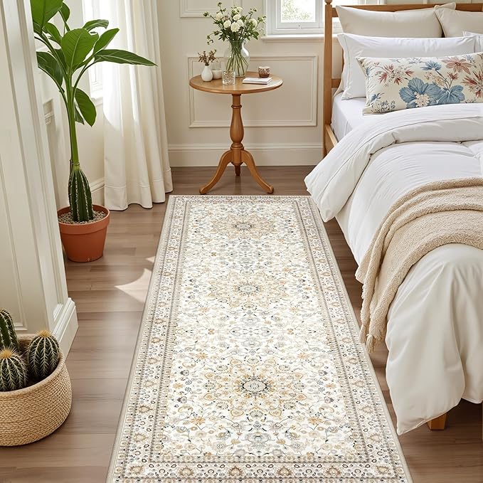 Hallway Runner Rug Non Slip - Washable 2.6x8 Kitchen Rugs for Living Room, Low-Pile Soft Bedroom Rug Indoor Floor Stain Resistant Carpets for Entryway, Laundry, Bathroom Beige