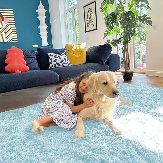 OLANLY Area Rugs for Living Room Bedroom, Machine Washable 4x5.9 ft Soft Fluffy Shaggy Bedside Rug, Indoor Floor Carpet for Kids Girls and Boys, Dorms, Nursery Rooms, Home Decor Aesthetic, Light Blue