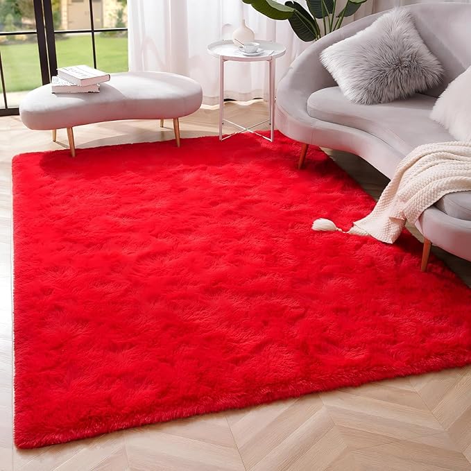 Amearea Shag Fluffy Area Rug for Bedroom Girls Living Room, Extra Soft and Fuzzy Shaggy Rugs, Non Slip, Solid Color Carpet Mat for Boys Nursery Home, Red 5x8 Feet
