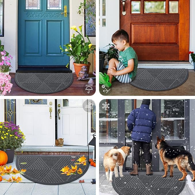 Smiry Half Circle Front Door Mat Outside Entrance, Heavy Duty Sturdy Natural Rubber Doormat, Trap Dirt and Moisture, Low Profile Mats for Indoor Outdoor Entry, Irregular Triangle (47x32, Grey)