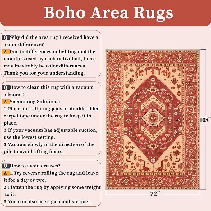 SERISSA 6x9 Area Rugs for Living Room, Large Washable Non-Slip Boho Rug, Ultra Soft Vintage Red Oriental Tribal Print Distressed Carpet for Dining Room Bedroom Dorm Office Home Decor