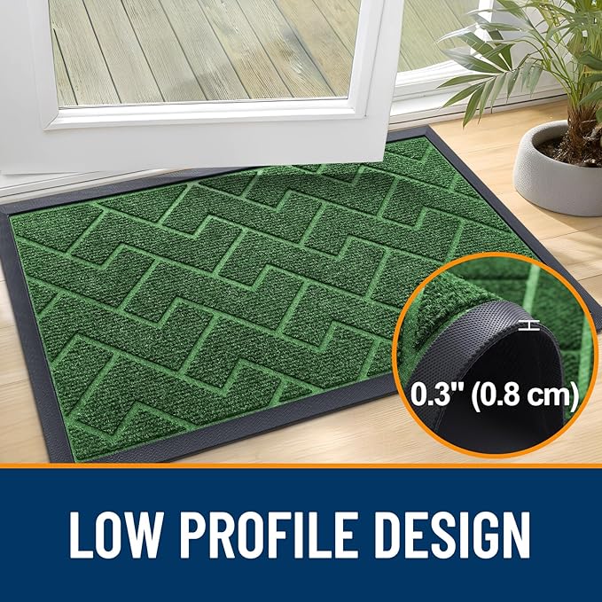 OLANLY Front Door Mat Indoor Outdoor Entrance, Waterproof All-Season, All-Weather Doormat, Sturdy Natural Rubber, Low Profile, Easy Clean Patio Porch Entryway Mat, Herringbone Brick (Green, 71x23)