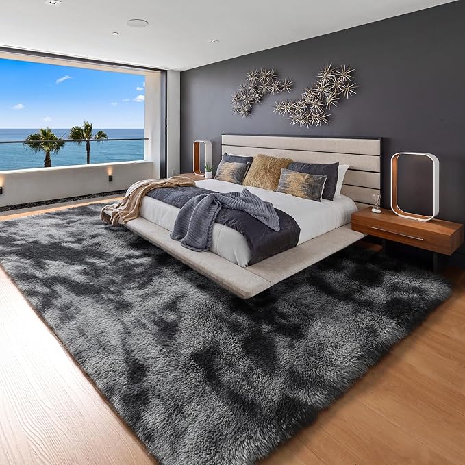ONASAR 8x10 Area Rugs for Living Room, Tie-Dyed Dark Grey Fluffy Shag Large Bedroom Rug, Black Gray Soft Plush Thick Floor Big Indoor Carpet for Nursery Kids Boys Girls Teen Dorm Home Decor