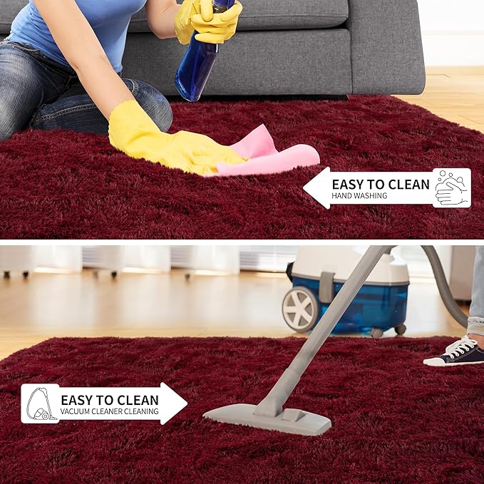 Tepook Fluffy Large Rugs for Living Room, Area Rug 6x9 Soft Carpet for Bedroom, Modern Shaggy Rug for Kids Boys Girls, Plush Indoor Nursery Home Decor Rug with Non-Slip Bottom, Burgundy Red