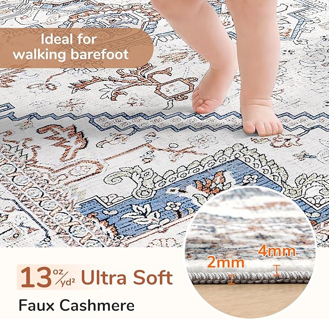 OPPODREAM Soft Entryway Rug 2x12, 2x12 Rug Runner, Neutral Washable Hallways Carpet 2 x 12 with Non Slip Backing, Low-Pile Bedside Carpet 2 x 12, Long, Faux Cashmere, Cream White & Blue & Light Brown
