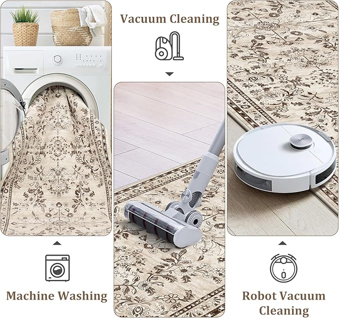 Yamaziot Washable Runner Rug 2x10 – Floral Non Slip Boho Hallway Runner Rug with Rubber Backing, Low Pile Faux Wool Distressed Carpet for Kitchen, Laundry, Bedroom, Entrance, Brown
