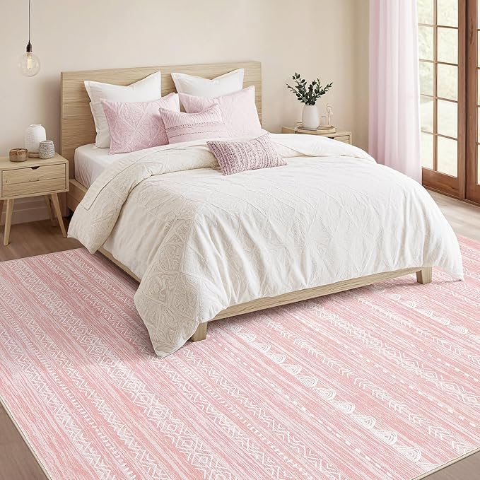 Nakagishi Pink Rugs for Bedroom Girls: 8x10 Washable Boho Large Neutral Cute Soft Area Rug Modern Indoor Floor Non Slip Accent Carpet for Living Room Nursery Kids Playroom Preppy Room Dorm Baby Room