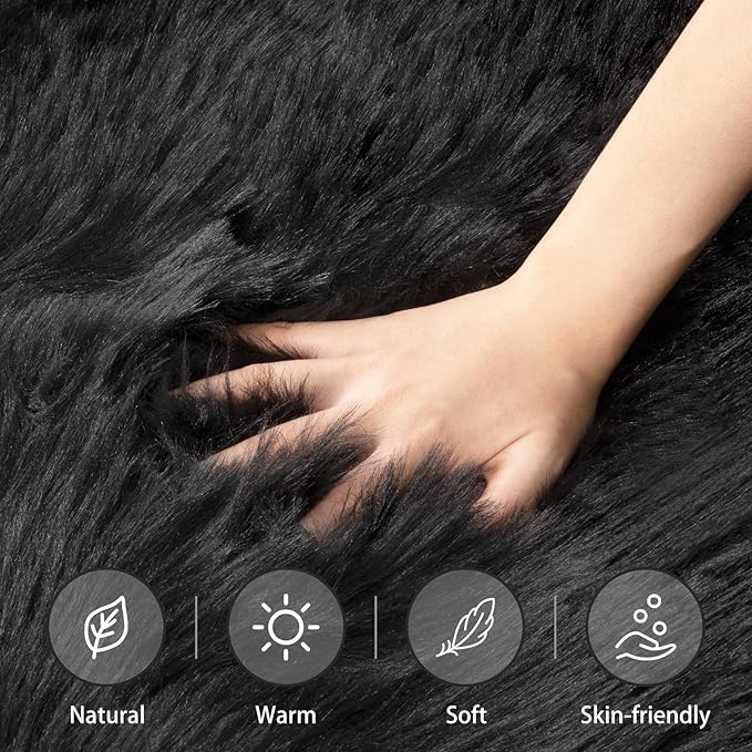 Ciicool Ultra Soft Faux Sheepskin Fur Rug Fluffy Rug for Bedroom Fuzzy Carpet for Living Room Kid's Room Nursery Decor, Black 2 x 6 Feet