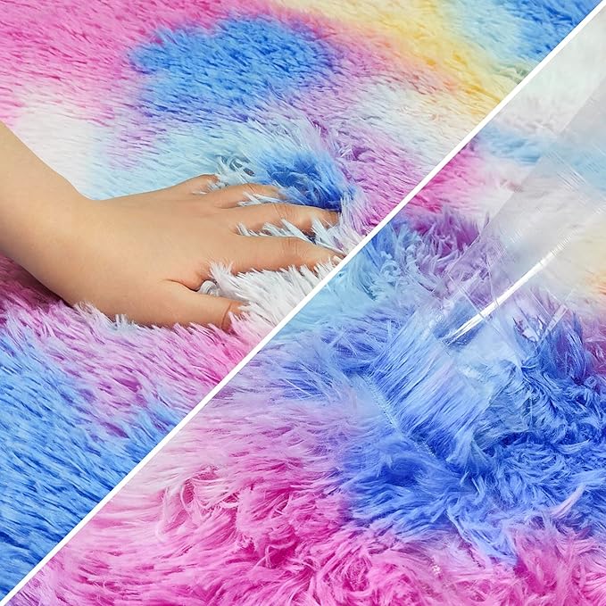 Small Fluffy Colorful Rug for Bedroom Girls 2x3 Mini Kawaii Rainbow Tie Dye Area Rug Fuzzy Unicorn Throw Rug for Living Room Kids Nursery Baby Princess Room Home Decor Aesthetic Carpets