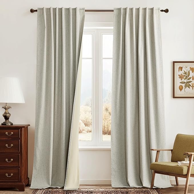 RYB HOME Blackout Curtains 108 inches Long, Thermal Insulated Natural Linen Extra Long Floor Length Curtains for Bay Window Sliding Door, 52" W x 108" L, Beige, 2 Panels Set
