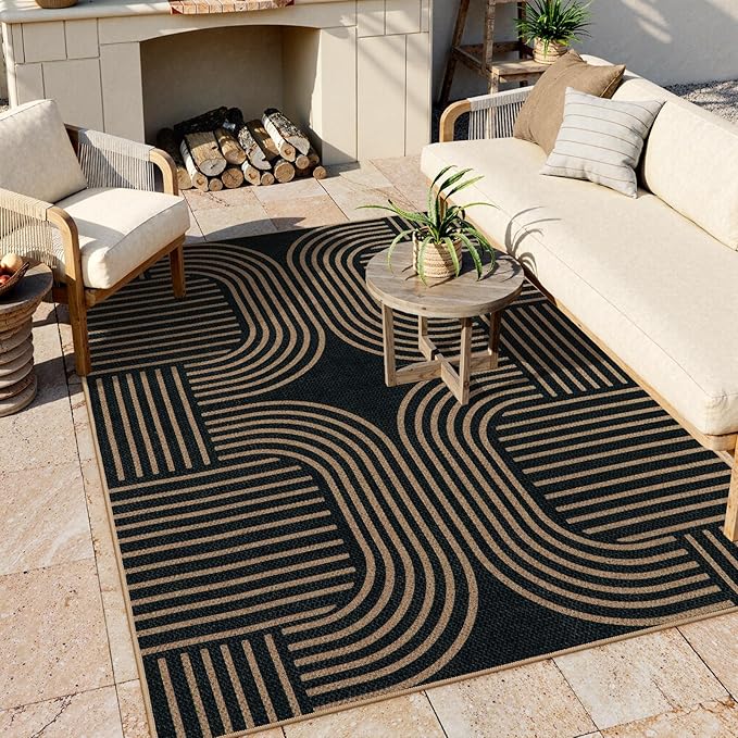 Lahome Enfys Modern Geometric Outdoor Easy Jute Rug, 5x7 Patio Living Room Rug Large Black Carpet for Bedroom, Farmhouse Washable Indoor Outdoor Carpet for Dining Room Backyard Deck