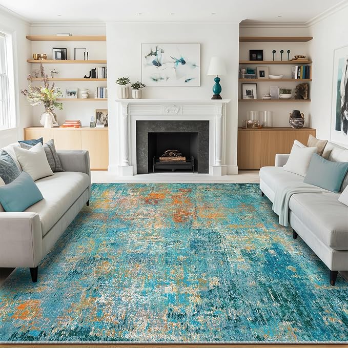 Washable Area Rugs 5'x7' Non-Slip Modern Abstract Soft for Living Room Entryway Bedroom Nursery, Print Pattern, Teal Blue Green Orange Rust Red Coloreful