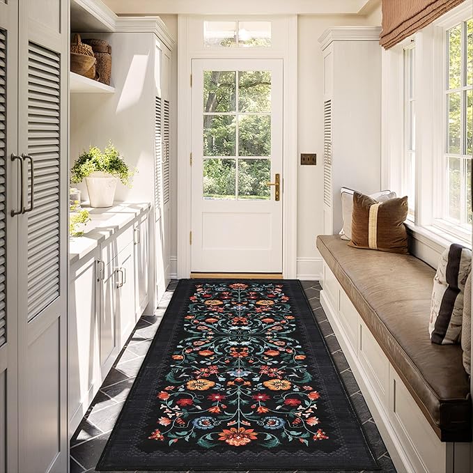 GarveeHome Floral Rug 2x6 Runners for Hallways, Boho Kitchen Runner Rugs Non Slip Bath Runners, Vintage Washable Runner Rug for Bedroom, Soft Long Rugs for Entryway Bathroom Laundry Dorm, Black