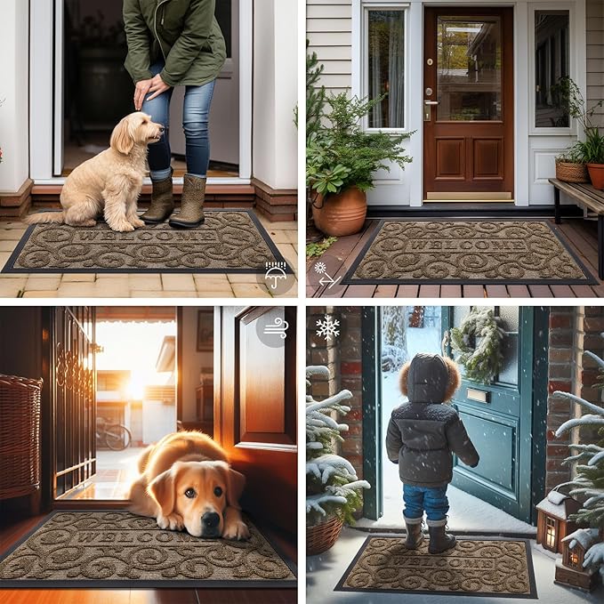 Smiry Welcome Door Mat Outside Entrance, Heavy Duty Trap Dirt and Moisture Easy Clean Low Profile Patio Porch Indoor Outdoor Front Doormat for Entry, 29.5x17 Inch, Brown