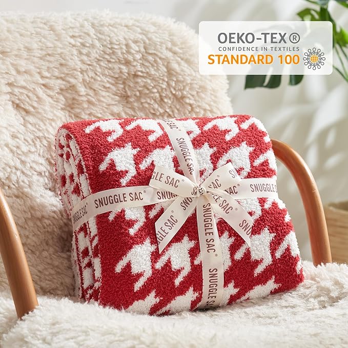 Snuggle Sac Ultra Soft Throw Blanket for Couch, Cozy Knitted Blankets, Fuzzy Knit Throws for Sofa, Bed, Home Decor, Houndstooth Red 50"x60"