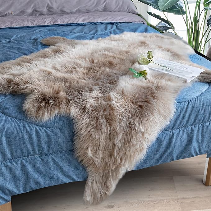 Carvapet Soft Fur Rugs Fake Reindeer Hide Area Rug Fluffy Faux Fur Carpet for Bedroom Floor Mat Home Decorative Throw Rug for Living Room, 4ft x 5ft, Brown