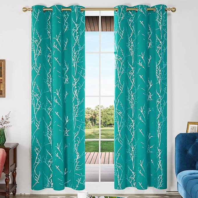 Deconovo Blackout Curtains, Thermal Insulated Soundproof Drapes with Tree Foil Print, 42 x 84 Inch, Set of 2, Machine Washable Window Curtain for Bedroom Living Room Nursery Kitchen Office, Turquoise