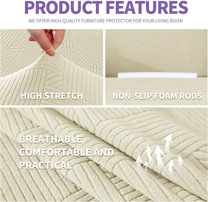 ZNSAYOTX Super Stretch Chair Slipcover (30"-47"), New Striped Sofa Chair Covers for Living Room, Dogs Pet Friendly Anti-Slip Chair Protector Spandex Armchair Slipcovers (Beige, Chair)