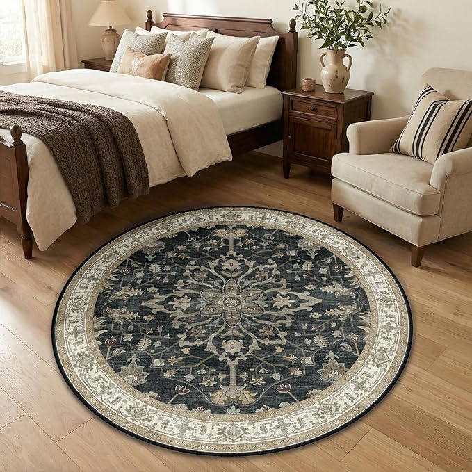 Area Rugs Round 4ft Washable Non-Slip, Floral Vintage Distress Print Pattern Medallion Carpet for Living Room Bedroom Dining Room, Vintage Black Brown Neutral