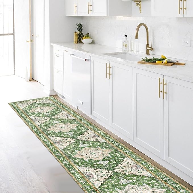 Yamaziot Washable Runner Rug, 2x10 Non-Slip Boho Vintage Hallway Rug Runner with Rubber Backing, Stain Resistant & Low Pile Faux Wool Distressed Carpet Runner for Kitchen, Laundry, Entrance, Green