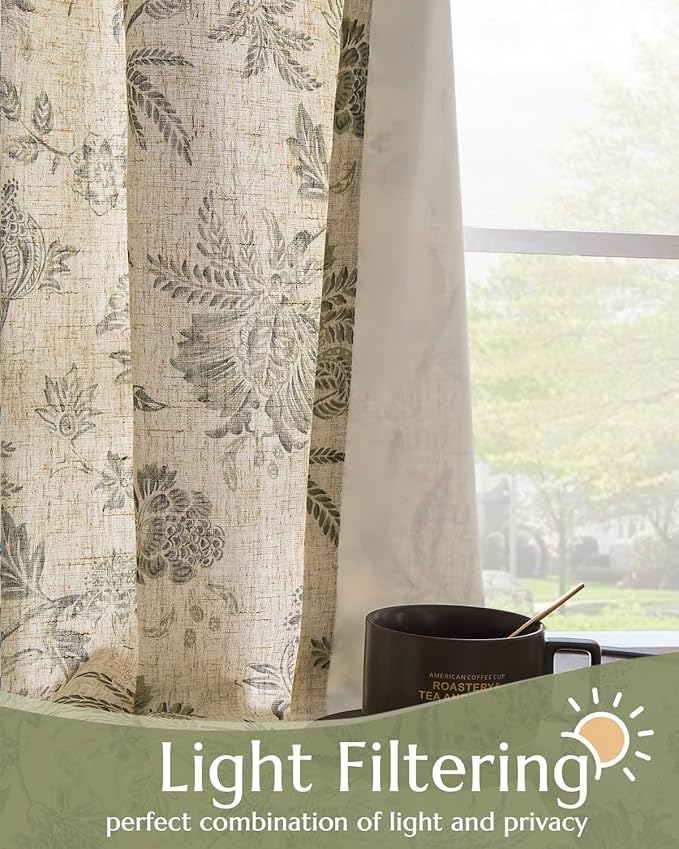 jinchan Lined Linen Floral Curtains for Living Room, 84 Inch Length Printed Flower Farmhouse Patterned French Country Back Tab Green Window Drapes Set Privacy Bedroom Curtains, 2 Panels