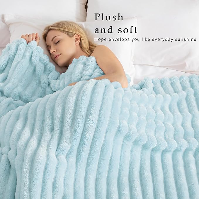 Exclusivo Mezcla Queen Size Flannel Fleece Blanket, Super Soft Striped Jacquard Bed Blanket, Lightweight Fuzzy Cozy for All Seasons, 90x90 Inches, Light Blue