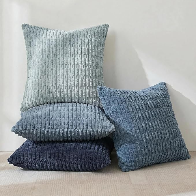 Fancy Homi Set of 4 Blue Boho Decorative Throw Pillow Covers 28x28 Inch for Couch Bed Sofa, Aesthetic Modern Bohemian Room Decor, Fuzzy Fluffy Cozy Corduroy Textured Coastal Blue Cushion Case 71x71cm