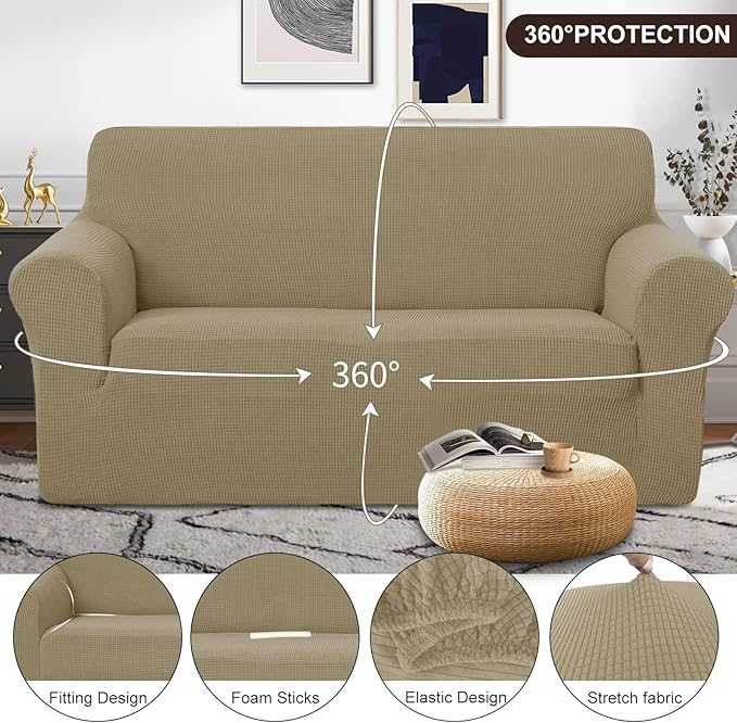U-NICE HOME Oversized Stretch Loveseat Couch Cover Sofa Covers Washable Sofa Slipcover Furniture Protector for 2 Cushion Couch Sofa Pet Friendly, Sand