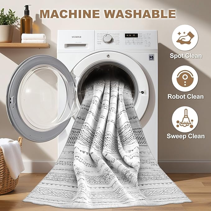 Nakagishi Area Rug Living Room Rugs: 3x5 Soft Machine Washable Boho Neutral Farmhouse Stain Resistant Moroccan Indoor Floor Carpet for Bedroom Nursery Kids Entryway Kitchen Entry Bedside Home- Grey