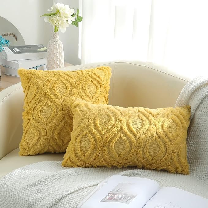decorUhome Summer Throw Pillow Covers 20x20 Inch Set of 2, Soft Plush Faux Wool Mustard Yellow Solid Couch Pillow Covers, Accent Farmhouse Neutral Square Pillow Cases for Sofa Bed Living Room