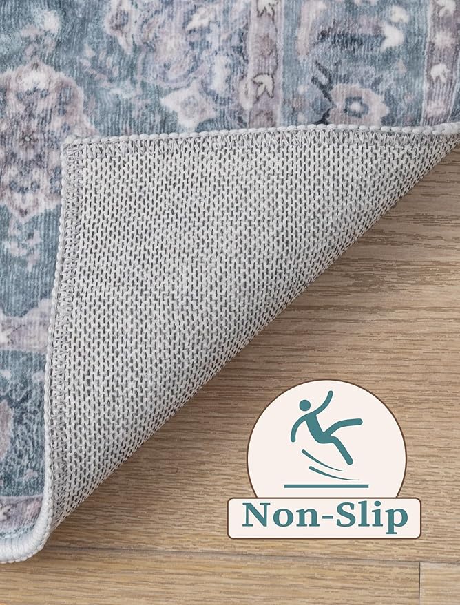 SERISSA Boho Washable Runner Rug, 2x5 Rug Non-Slip Vintage Floral Hallway Kitchen Runner Rug Ultra Soft Print Distressed Blue Grey Floor Carpet for Bedroom Bathroom Laundry Room