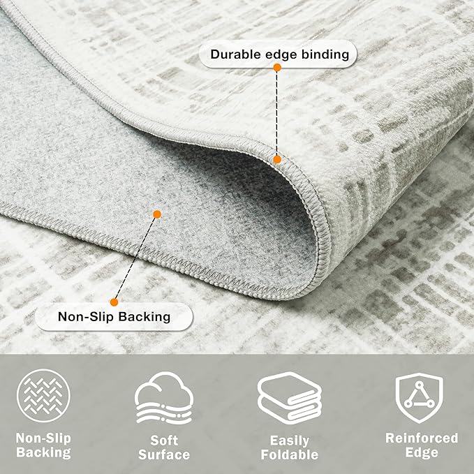 5x7 Area Rugs Washable Rug: Anti-Skid Abstract Modern Living Room Rug Soft Thin Carpets Indoor Floor Non-Shedding Carpet for Bedroom Dining Farmhouse Nursery Home Office (White Gray, 5'x7')