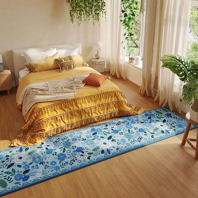 Rugcomf 2x5 Rug Runner - Floral Machine Washable Kitchen Rug, Non-Slip Low Pile Boho Carpet for Hallways, Laundry, Entryway, Bedroom, Bathroom - Black