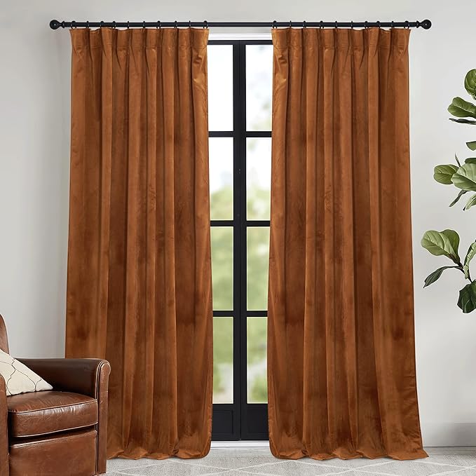 RYB HOME Orange Velvet Curtains 72 inches with Hook Belt, Soft Fabric Room Darkening Thermal Insulated Luxurious Home Decor Curtains for Living Room Bedroom, W 52" x L 72", 2 Panels Set