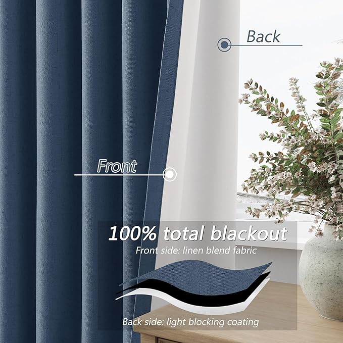 Guken 100% Blackout Curtains 84 Inch Length 2 Panels Set for Living Room Bedroom Back Tab Thermal Insulated Black Out Linen Drapes Room Darkening Window Curtains 84 Inches Long,Denim Blue