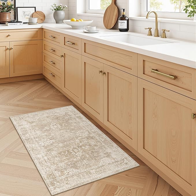 Madane 2x3 Washable Rugs for Entryway, Low Pile Non-Slip Small Area Rug Kitchen Door Mat, Vintage Soft Throw Neutral Rug Floor Mat for Indoor Front Entrance Bathroom Hallway (2 x 3, Beige/Brown)