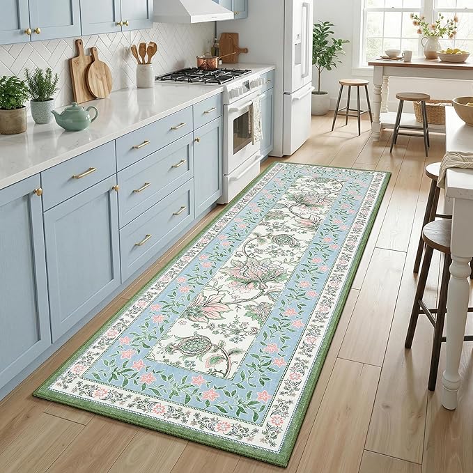 GarveeHome Blue Green Pink 2x6 Washable Kitchen Runner Rugs Non Slip Provence Botanical Grove Vintage Boho Cottage Long Rug for Hallways Bedroom TPE Rubber Backing