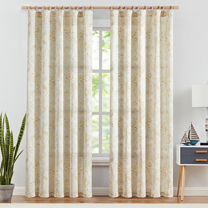 jinchan Floral Curtains 84 Inches Long Mustard Yellow Flower Linen Farmhouse Curtain for Living Room French Country Vintage Curtain Rod Pocket Curtains Set 2 Panels Floral Printed