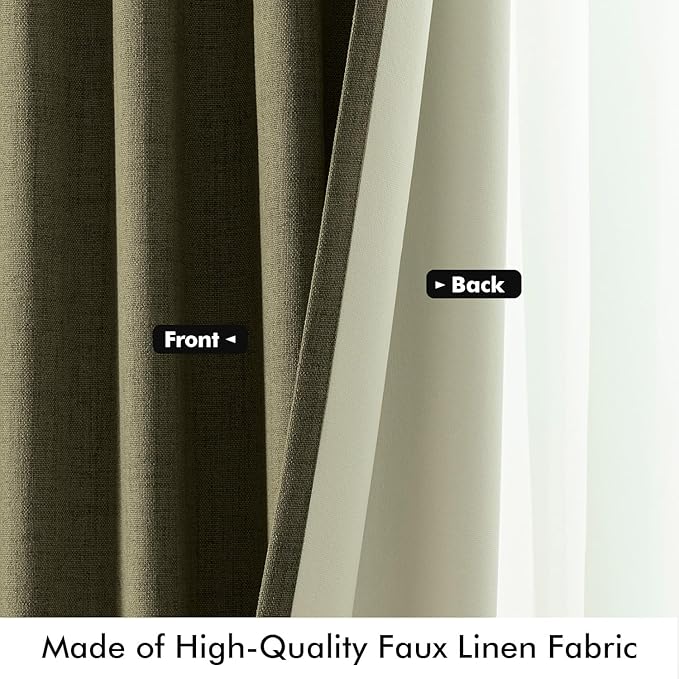 MIULEE 100% Blackout Linen Curtains for Bedroom, Light Olive Green Solid Luxury Decor Thermal Insulation Room Darkening Drapes for Living Room Nursery Back Tab Rod Pocket 42 x 63 Inches, 2 Panels