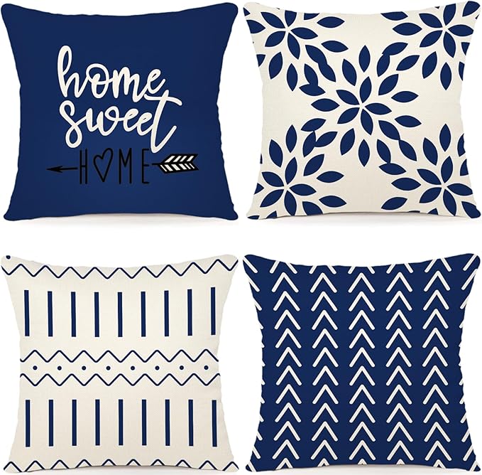 YCOLL Pillow Covers 16x16 Set of 4, Modern Sofa Throw Pillow Cover, Decorative Outdoor Linen Fabric Pillow Case for Chair Sofa Couch Bed Car, Dark Blue