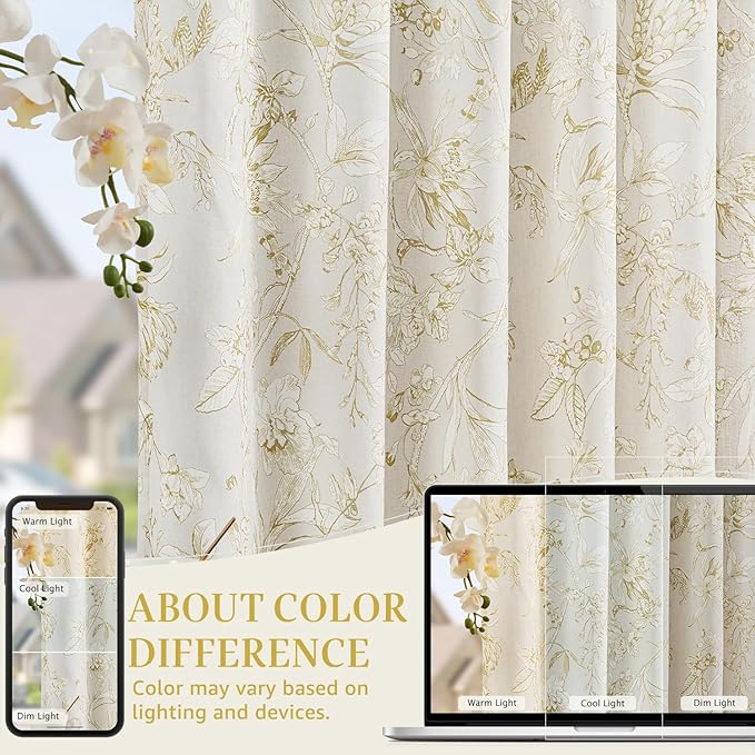 jinchan Floral Curtains 84 Inches Long Mustard Yellow Flower Linen Farmhouse Curtain for Living Room French Country Vintage Curtain Rod Pocket Curtains Set 2 Panels Floral Printed