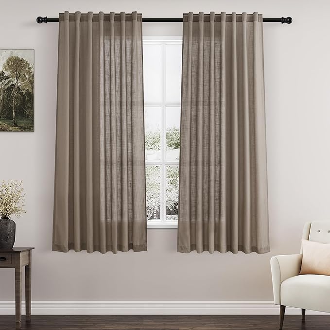 Nanspring Dark Taupe Linen Curtains 63 Inches Length 2 Panels Set for Living Room Back Tab Pocket Light Filtering Semi Sheer Drapes Neutral Farmhouse Cotton Linen Textured Window Curtain 52X63 Inch