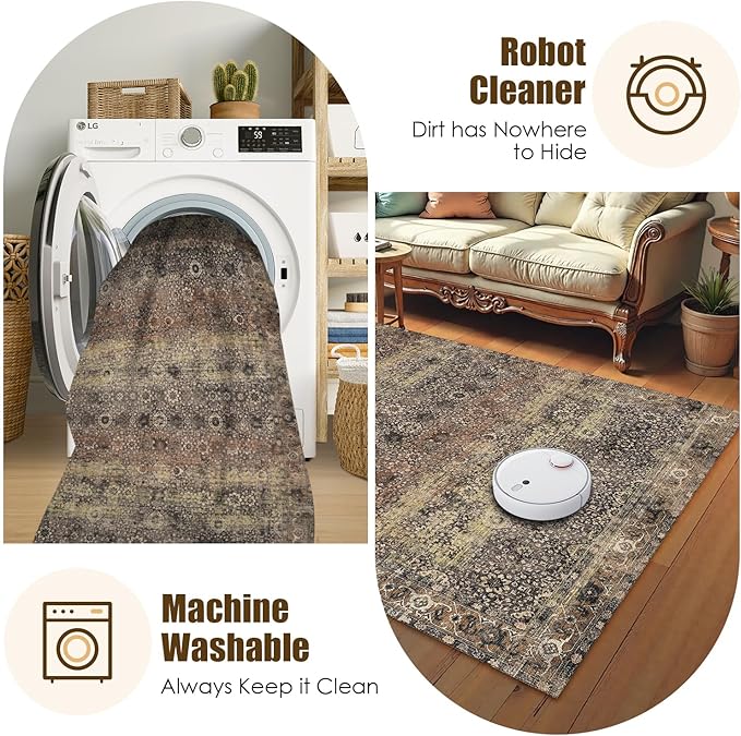 Washable Area Rug 8' x 10' Vintage Traditional Persian Mat - Foldable Distressed Non-Slip Machine Washable Carpet for Living Room Bedroom Kitchen Home Decor - Umber and Slate