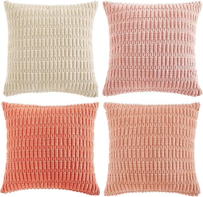 Fancy Homi 4 Packs Boho Blush Pink Euro Decorative Throw Pillow Covers 26x26 Inch for Living Room Bed, Soft Plush Striped Corduroy Square Light Pink Coral Peach Cream Colorful Cushion Case 66x66 cm