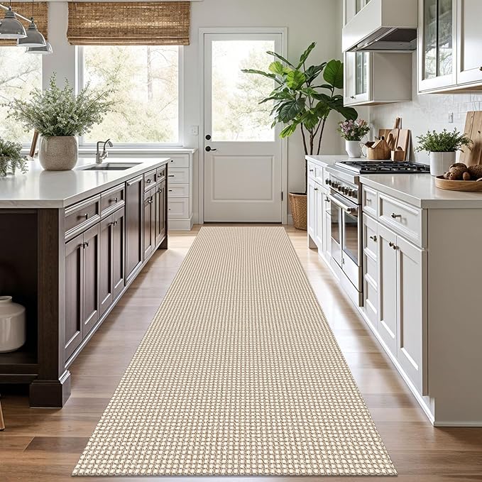 KOZYFLY Runners for Hallways 3x10 ft Washable Kitchen Runner Non Slip Rubber Backed Hallway Rugs Cotton Entryway Runner Rug Floor Carpet for Indoor Hall, Backdoor, Kitchen, Ivory/Khaki