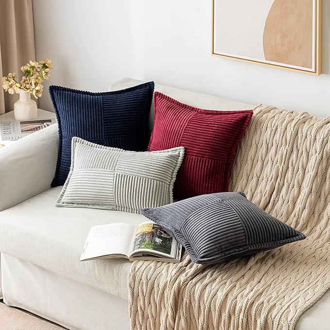 MIULEE Decorative Throw Pillow Covers for Couch Bed Livingroom 18x18 Inch Set of 2 Burgundy Boho Accent Throw Pllows Broadside Striped Patchwork Soft Corduroy Pillowcases